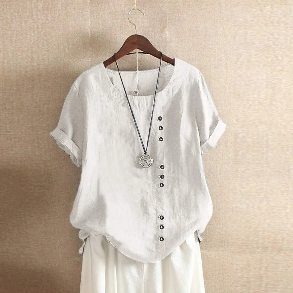 Linen Cotton Womens Short Sleeve Shirts Big Drop Collar Loose Draw Pleated Two Tops Women'S Swimwear Cover Ups