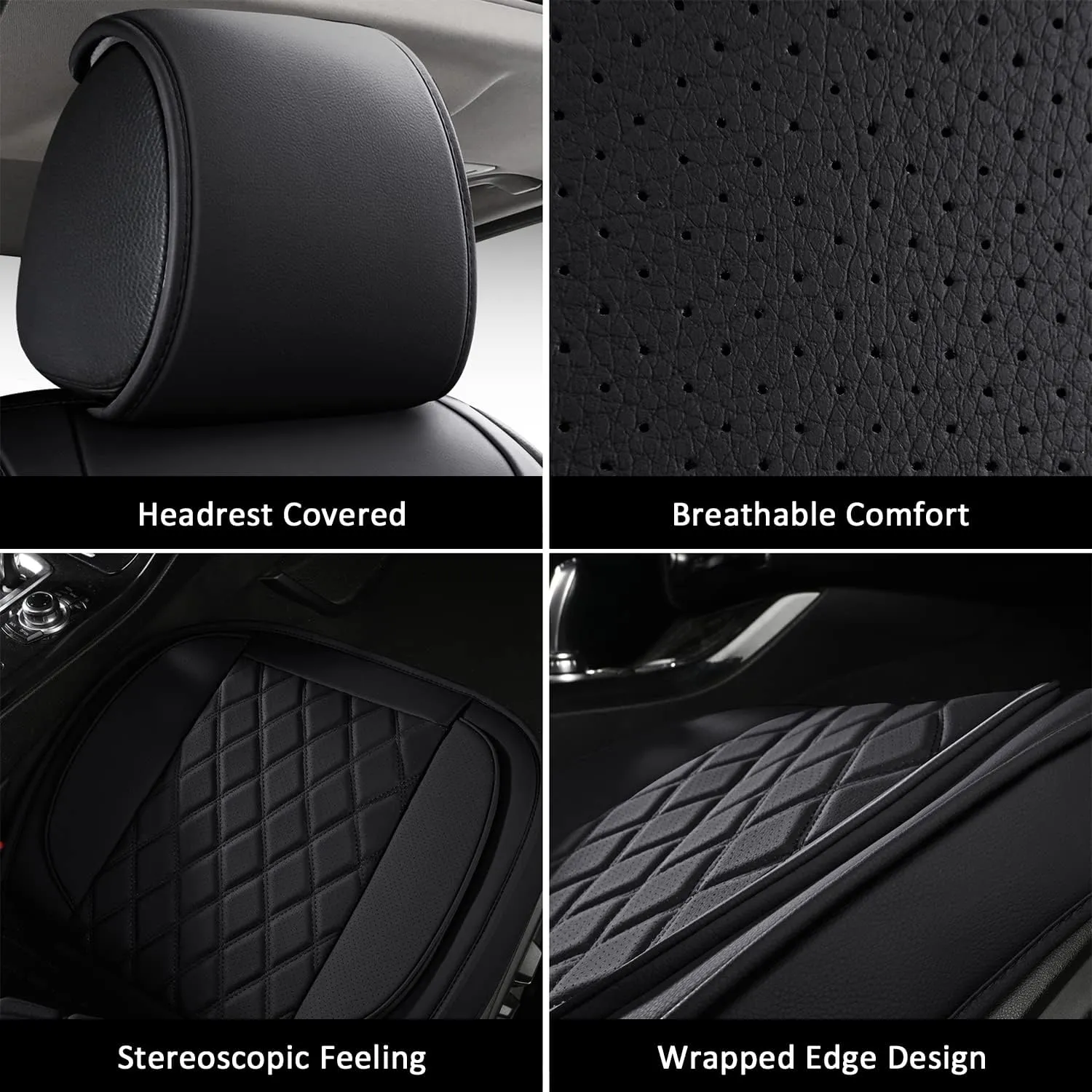 LINGVIDO Faux Leather Auto Seat Covers, Automotive Interior Rhombus Vehicle Sport Journey Fur Cushion for Cars & SUV Trucks Universal Fit carseat Cover (Front Only, Black)