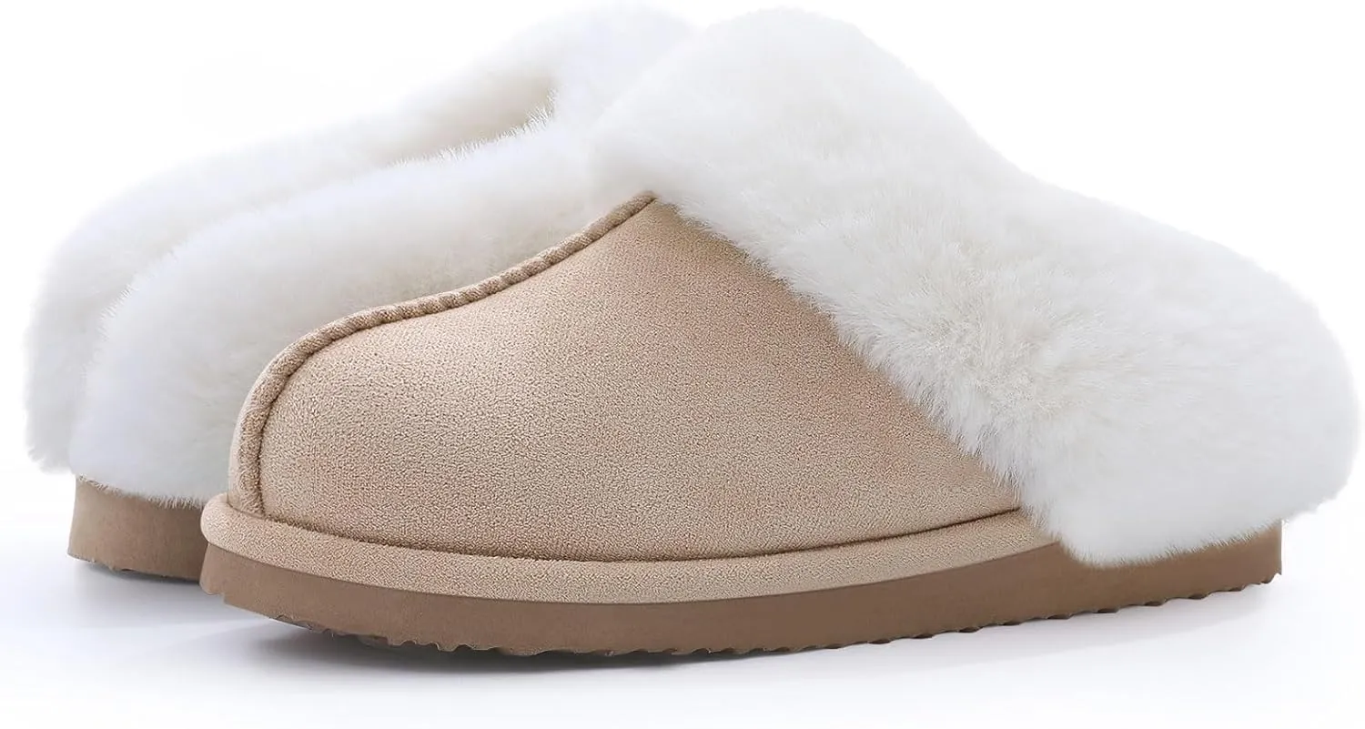 Litfun Fuzzy House Slippers for Women Fluffy Memory Foam Suede Slippers with Faux Fur Collar Indoor Outdoor