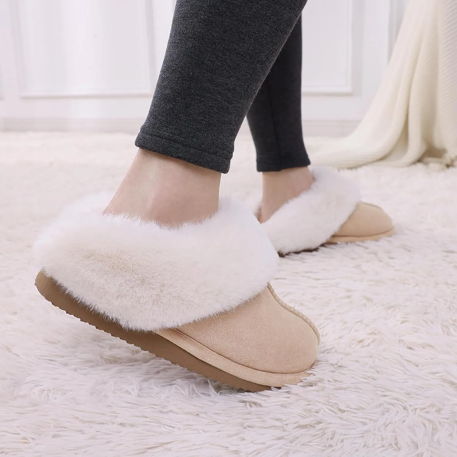 Litfun Fuzzy House Slippers for Women Fluffy Memory Foam Suede Slippers with Faux Fur Collar Indoor Outdoor