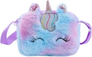Little Girls Kids Toddler Unicorn Fuzzy Plush Crossbody Purse Rainbow Faux Fur Wallet Handbag