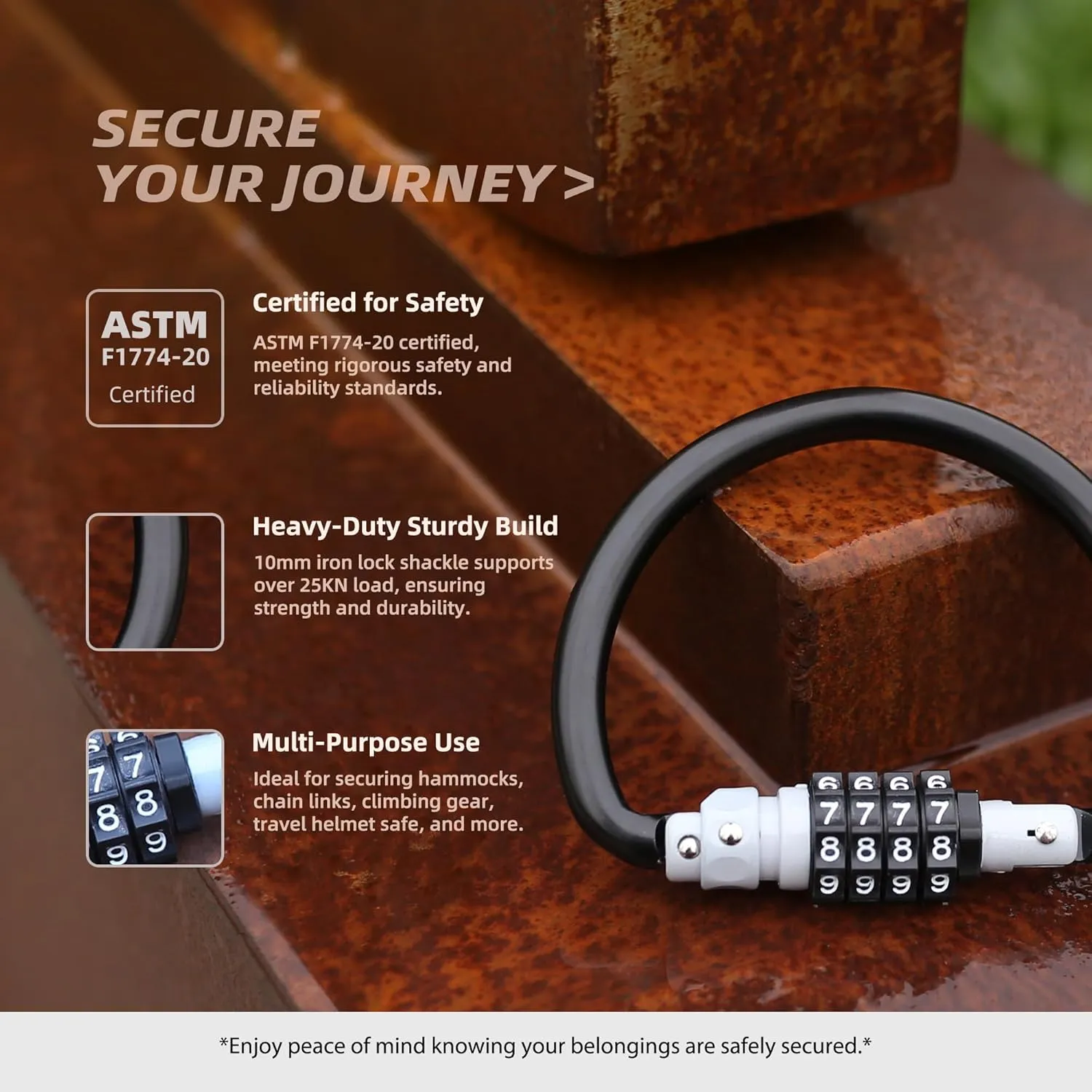Locking Carabiner Heavy Duty, 4 inch 25KN D Ring, Large Climbing Carabiner Clip with Combination Lock, Gym Carbiner, Oval Caribiner, Triangle Carbineers for Hammock Hooks, Chain Link, Backpack Secure