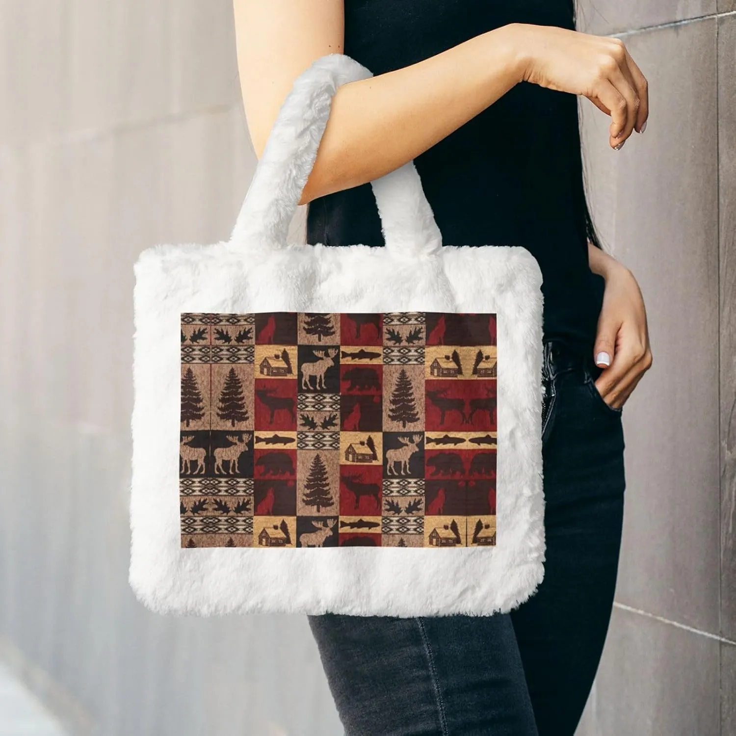 Lodge Bear Deer Fish Printing Soft Plush Handbag For Womens Tote Bag For Women,Women Satchel Bags Wallet Purse For Gifts