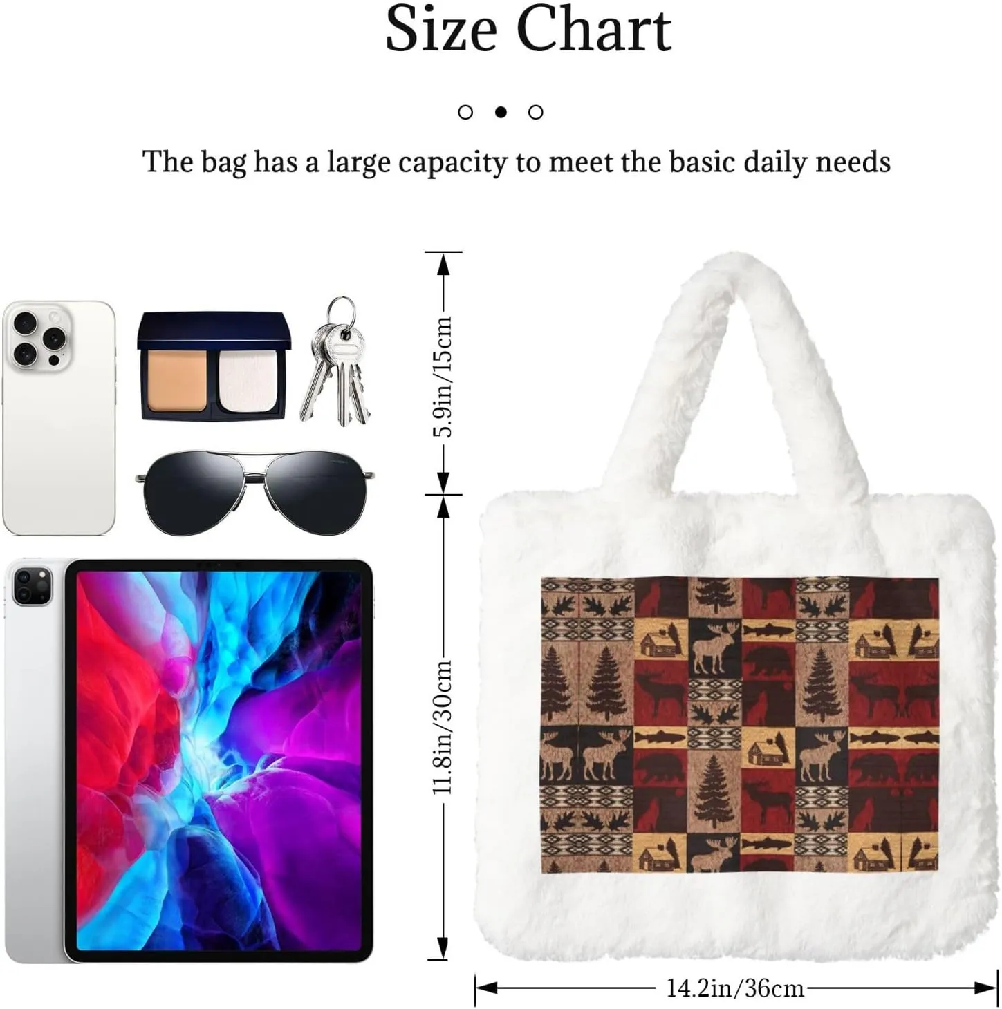 Lodge Bear Deer Fish Printing Soft Plush Handbag For Womens Tote Bag For Women,Women Satchel Bags Wallet Purse For Gifts