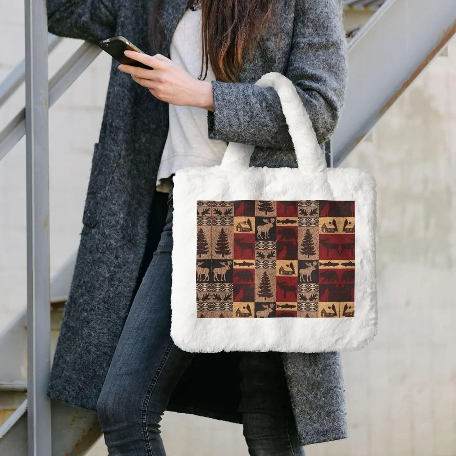 Lodge Bear Deer Fish Printing Soft Plush Handbag For Womens Tote Bag For Women,Women Satchel Bags Wallet Purse For Gifts