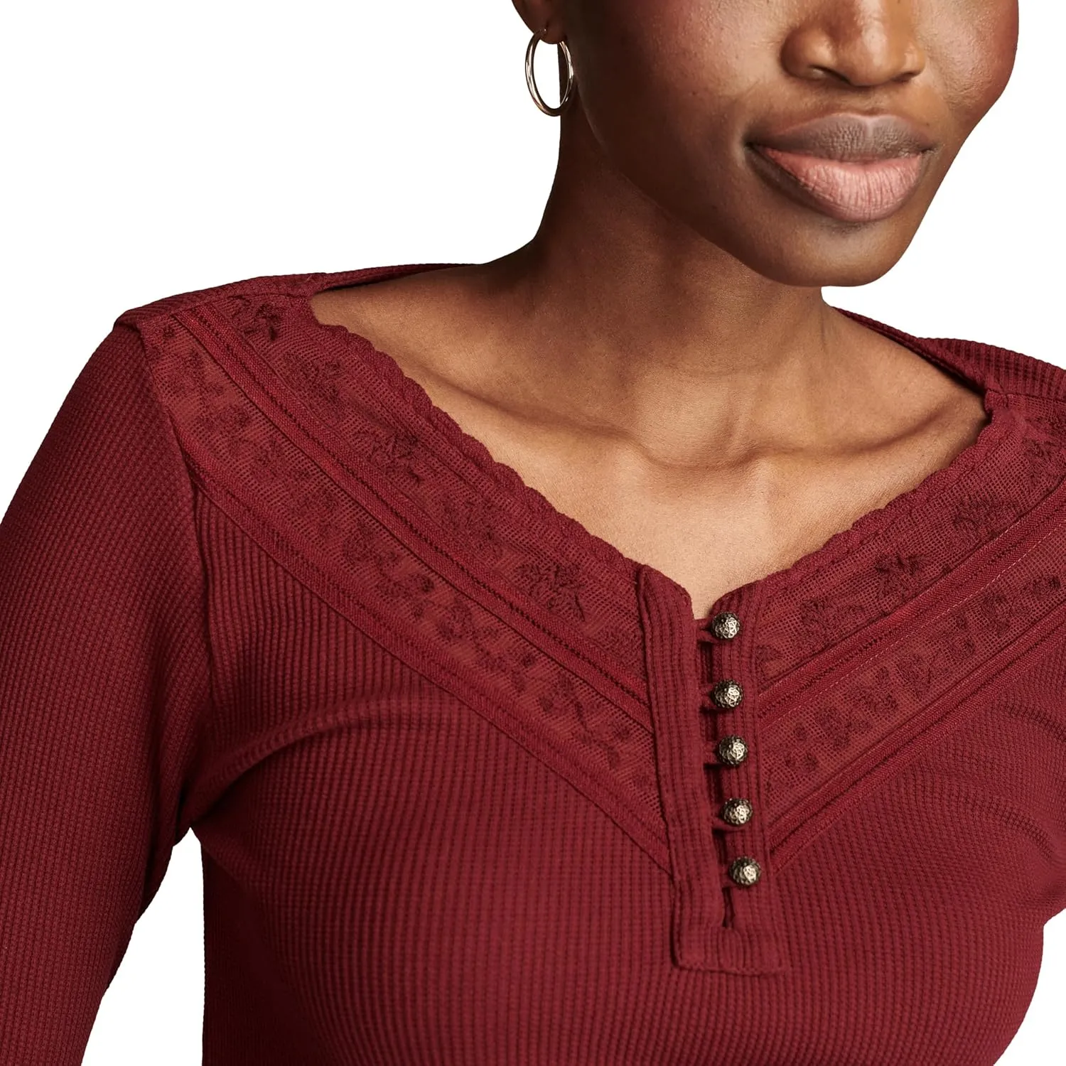 Lucky Brand Women's Embroidered Mesh Yoke Henley