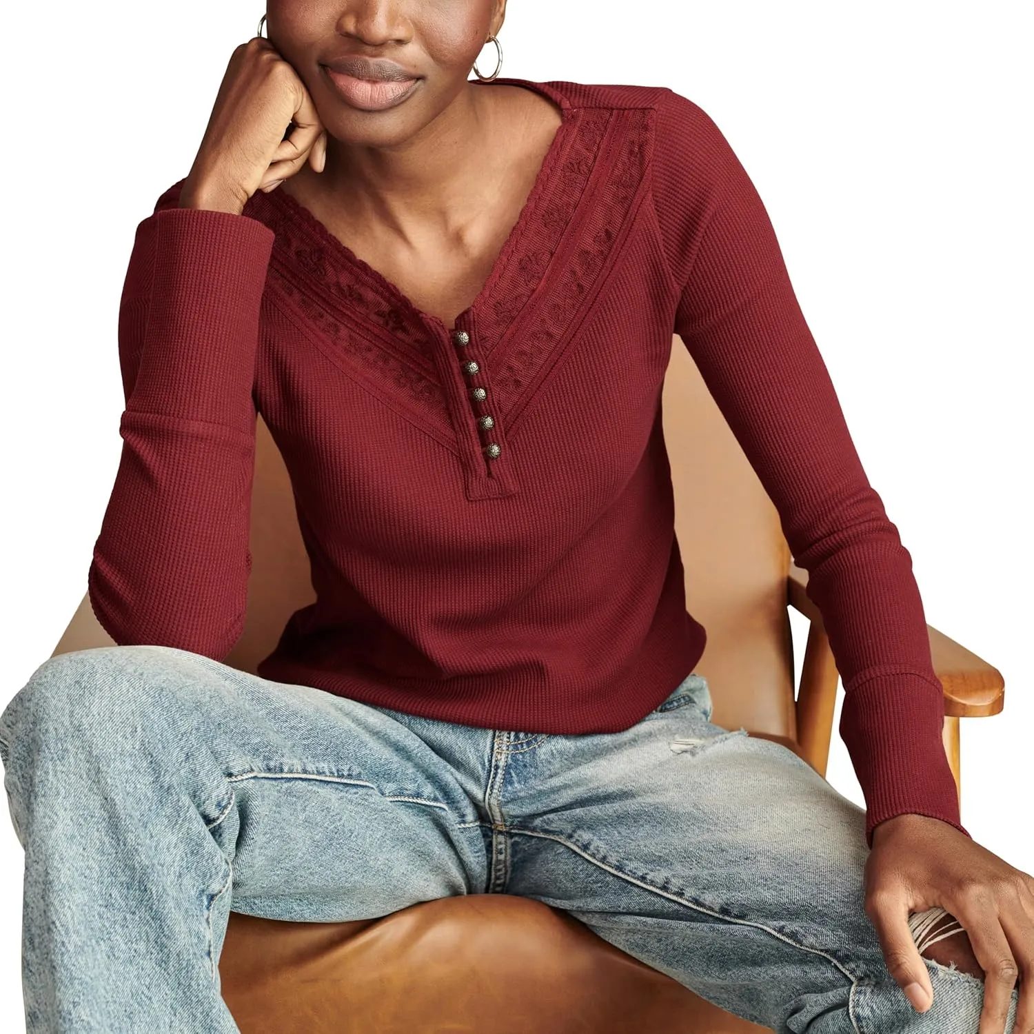 Lucky Brand Women's Embroidered Mesh Yoke Henley