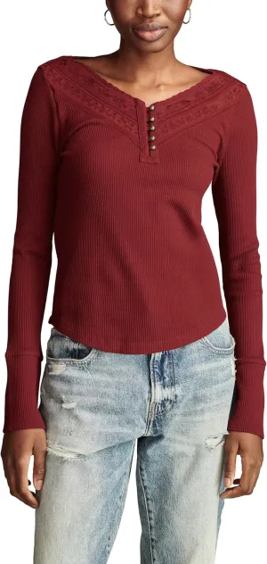 Lucky Brand Women's Embroidered Mesh Yoke Henley