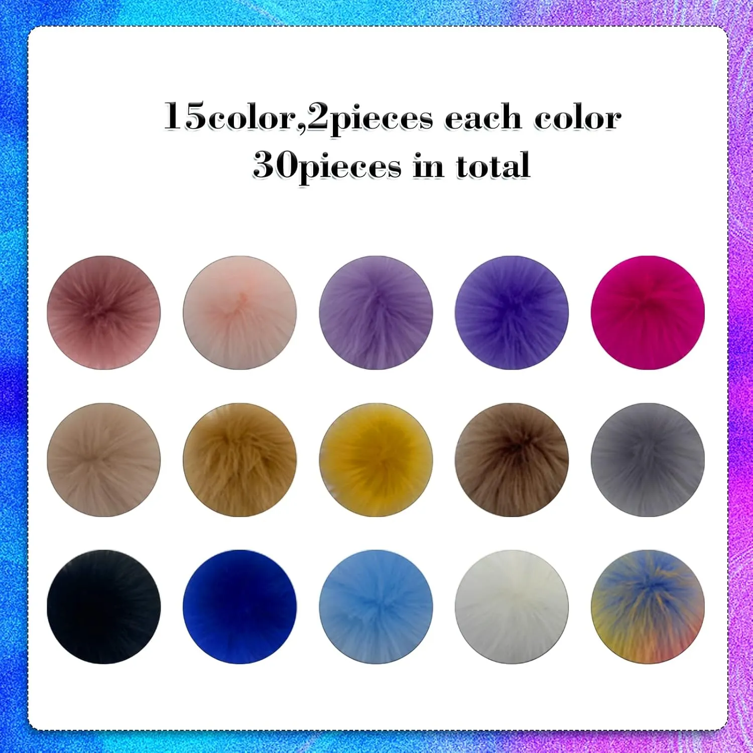 Lusy DM 30 Faux Fur Pom Pom Balls with Elastic Loop for Hats, Scarves, Shoes, Bags, Keychains (15 Colors, 2 Pcs Per Color)