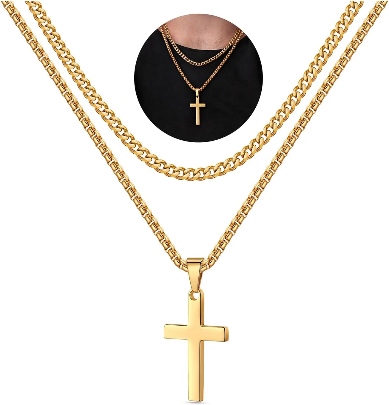LUXEJEW Stainless Steel Cross Necklace for Men Boys, Silver Gold Black Cuban Link Chain Box Chain Cross Pendant Necklace Baptism Communion Confirmation Christian Jewelry Gifts 16-24 Inches