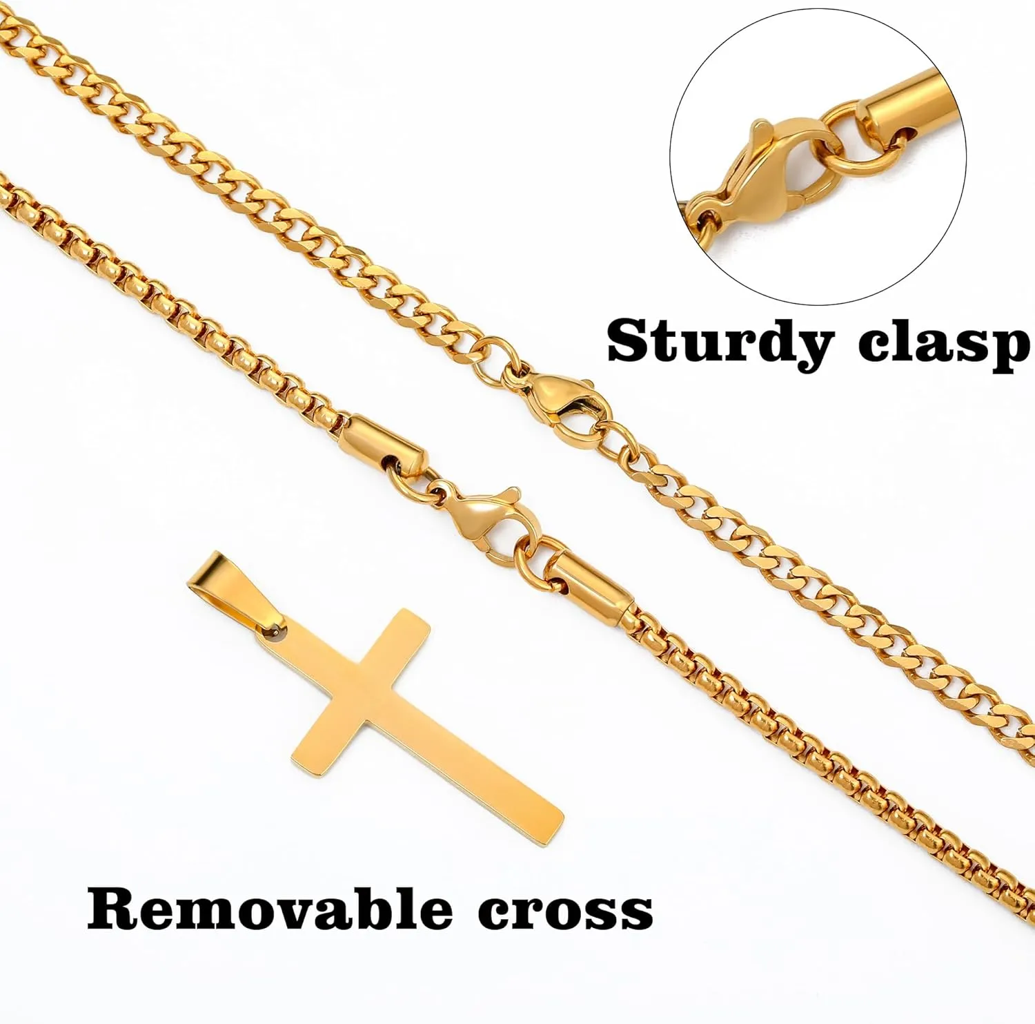 LUXEJEW Stainless Steel Cross Necklace for Men Boys, Silver Gold Black Cuban Link Chain Box Chain Cross Pendant Necklace Baptism Communion Confirmation Christian Jewelry Gifts 16-24 Inches