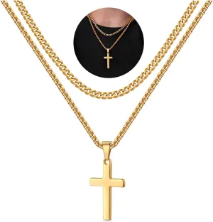 LUXEJEW Stainless Steel Cross Necklace for Men Boys, Silver Gold Black Cuban Link Chain Box Chain Cross Pendant Necklace Baptism Communion Confirmation Christian Jewelry Gifts 16-24 Inches