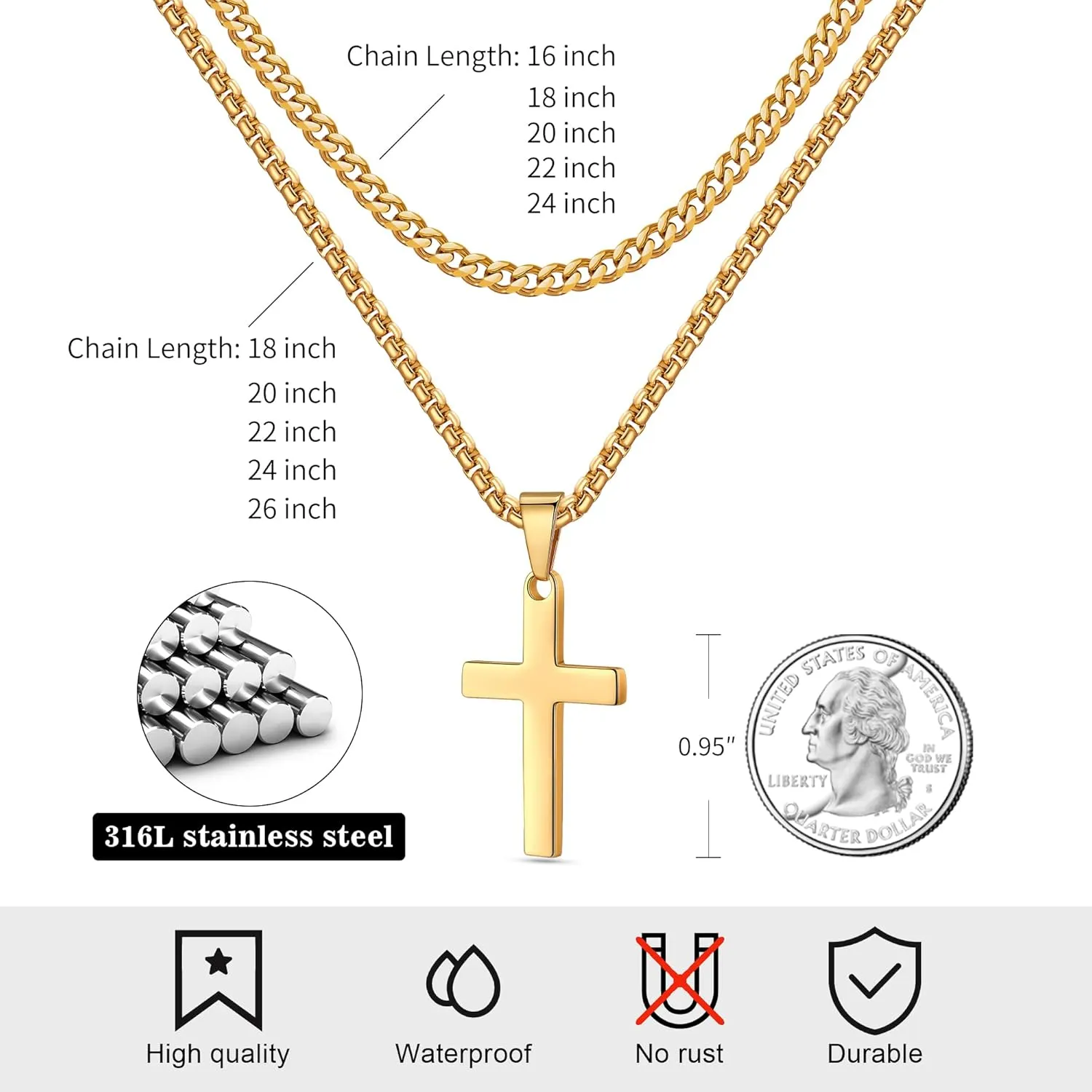 LUXEJEW Stainless Steel Cross Necklace for Men Boys, Silver Gold Black Cuban Link Chain Box Chain Cross Pendant Necklace Baptism Communion Confirmation Christian Jewelry Gifts 16-24 Inches