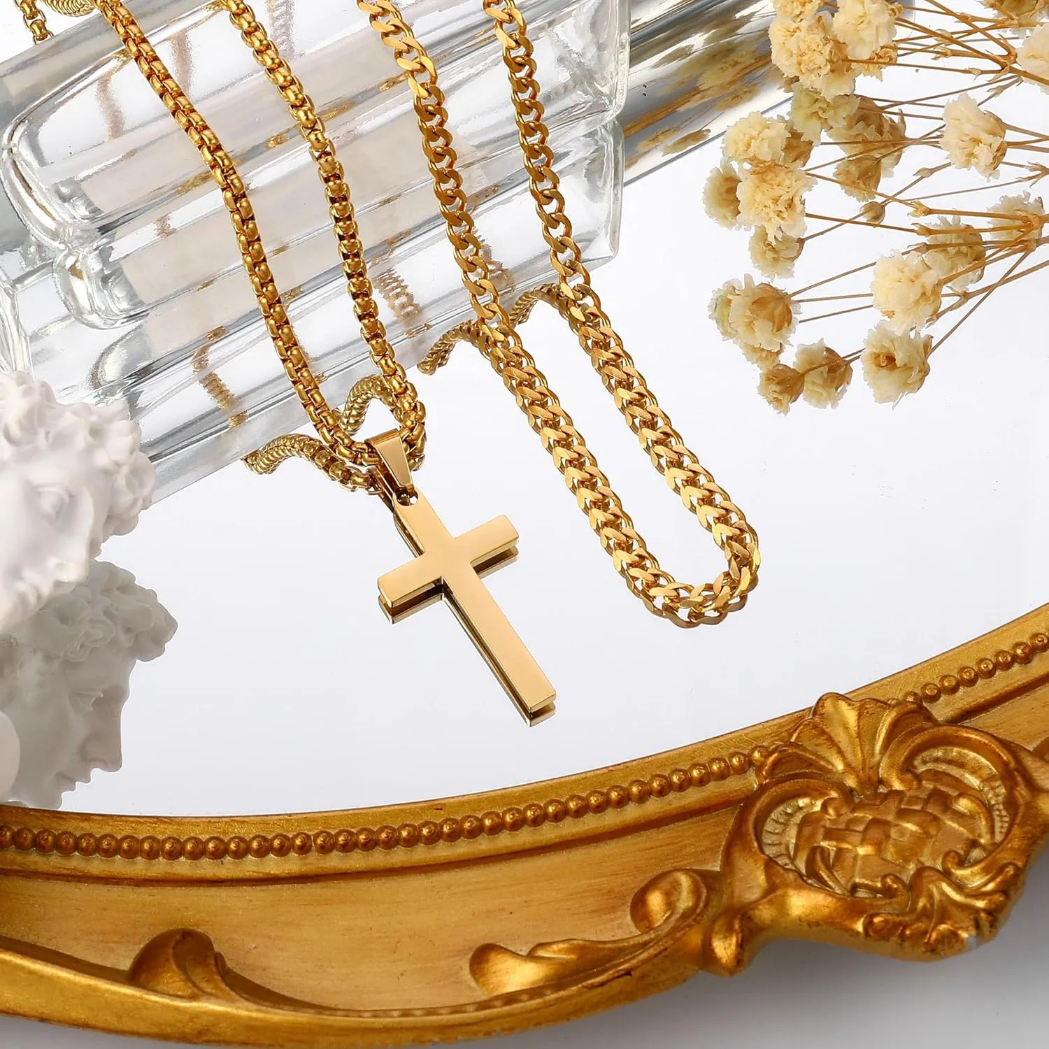 LUXEJEW Stainless Steel Cross Necklace for Men Boys, Silver Gold Black Cuban Link Chain Box Chain Cross Pendant Necklace Baptism Communion Confirmation Christian Jewelry Gifts 16-24 Inches