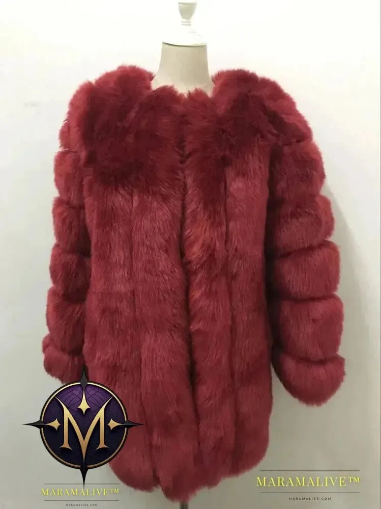 Luxury Faux Fox Fur Coat Slim Long Pink Red Blue Faux Fur Jacket Women Fake Fur Coats