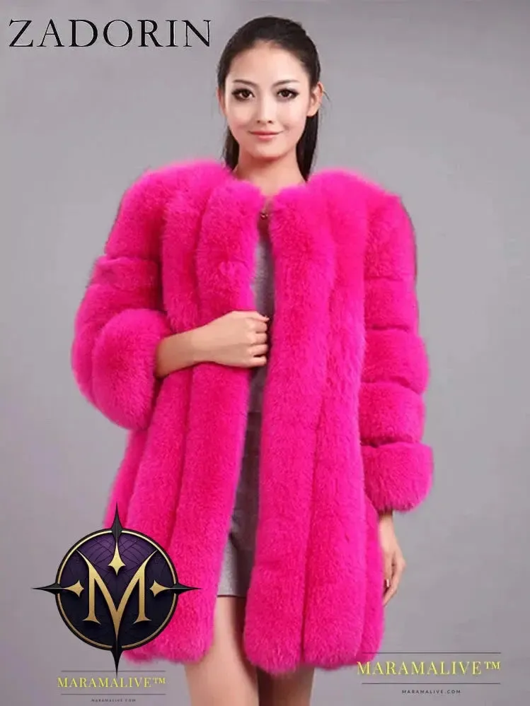 Luxury Faux Fox Fur Coat Slim Long Pink Red Blue Faux Fur Jacket Women Fake Fur Coats