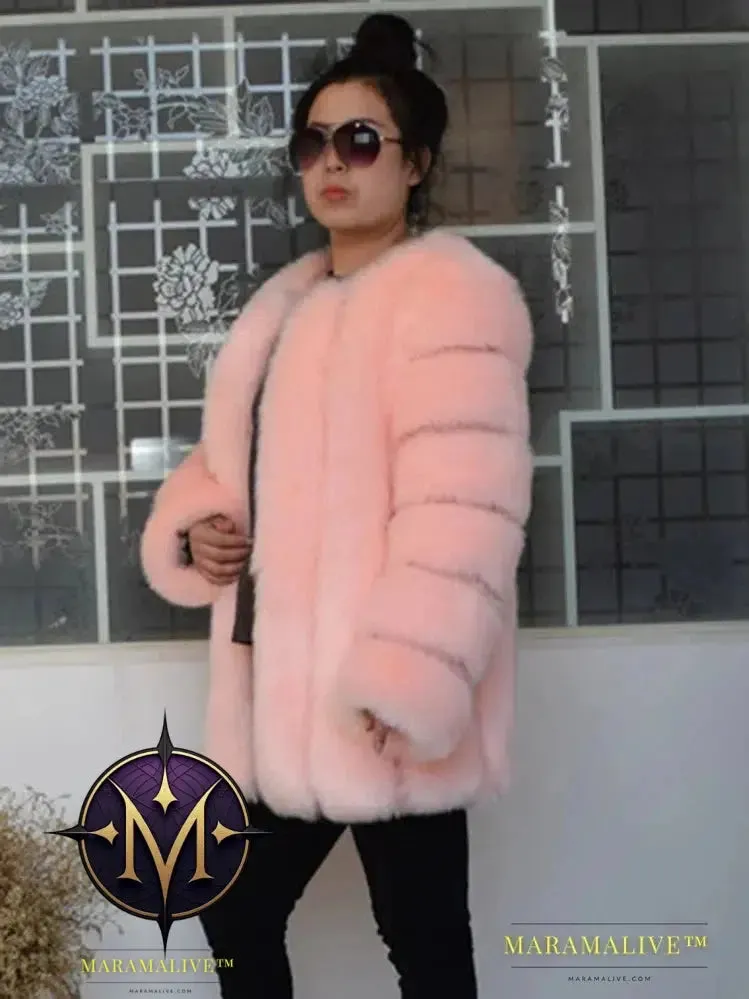 Luxury Faux Fox Fur Coat Slim Long Pink Red Blue Faux Fur Jacket Women Fake Fur Coats