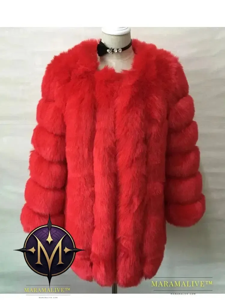 Luxury Faux Fox Fur Coat Slim Long Pink Red Blue Faux Fur Jacket Women Fake Fur Coats