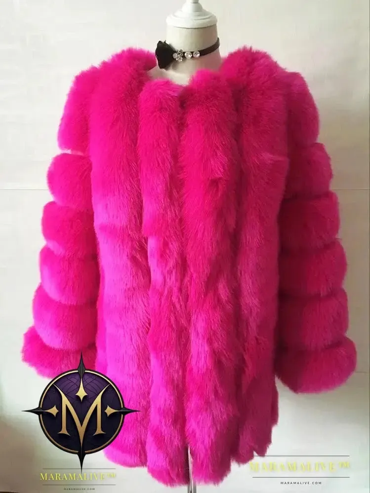 Luxury Faux Fox Fur Coat Slim Long Pink Red Blue Faux Fur Jacket Women Fake Fur Coats