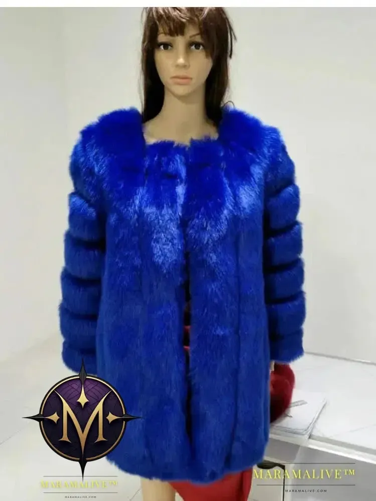 Luxury Faux Fox Fur Coat Slim Long Pink Red Blue Faux Fur Jacket Women Fake Fur Coats