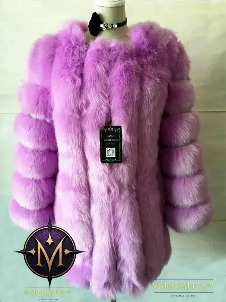 Luxury Faux Fox Fur Coat Slim Long Pink Red Blue Faux Fur Jacket Women Fake Fur Coats