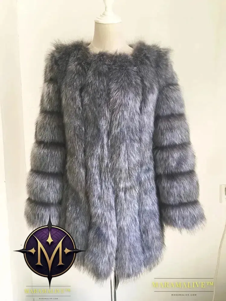 Luxury Faux Fox Fur Coat Slim Long Pink Red Blue Faux Fur Jacket Women Fake Fur Coats