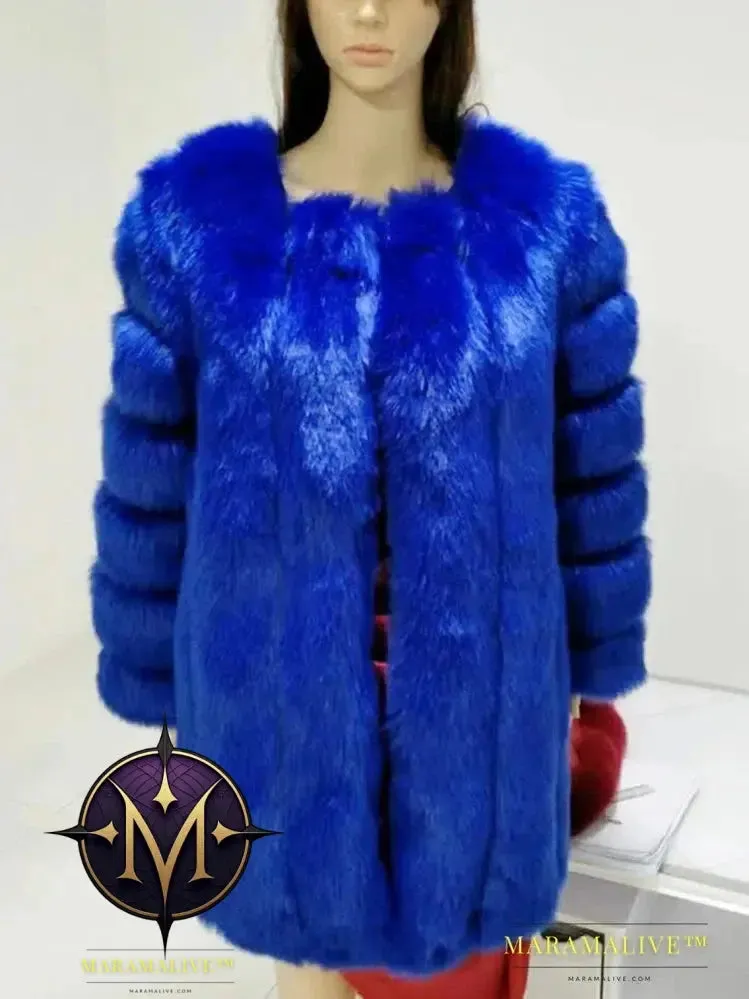 Luxury Faux Fox Fur Coat Slim Long Pink Red Blue Faux Fur Jacket Women Fake Fur Coats