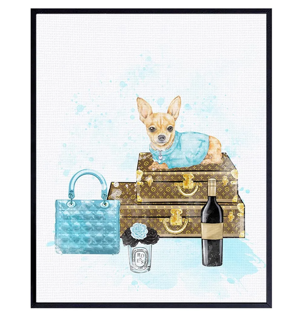 Luxury Glamour Haute couture Wall Art & Decor - High Fashion Design Dog Lover Gift - Blue Designer Handbag Wall Art decoration Home Decor - Woman Bedroom Bathroom Teen Girl Room - Bling Chihuahua