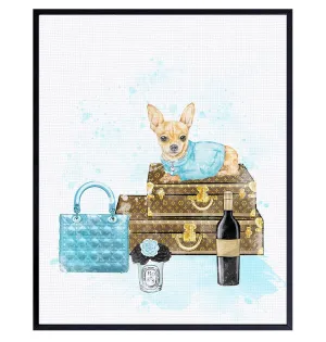 Luxury Glamour Haute couture Wall Art & Decor - High Fashion Design Dog Lover Gift - Blue Designer Handbag Wall Art decoration Home Decor - Woman Bedroom Bathroom Teen Girl Room - Bling Chihuahua