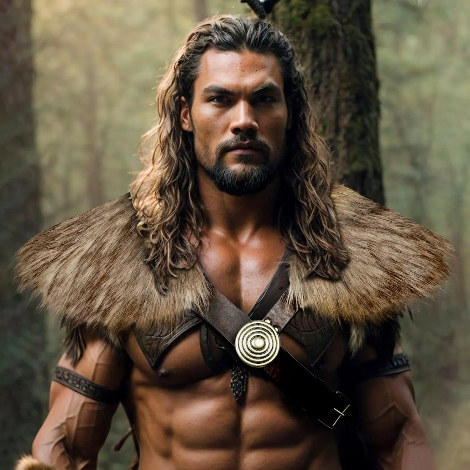 L'VOW Men Viking Fur Shawl Fur Mantle with Leather Belt Medieval Shoulder Wrap Fur Collar LARP Warrior Costume
