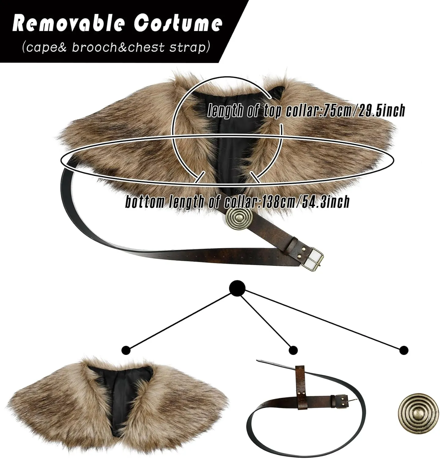 L'VOW Men Viking Fur Shawl Fur Mantle with Leather Belt Medieval Shoulder Wrap Fur Collar LARP Warrior Costume