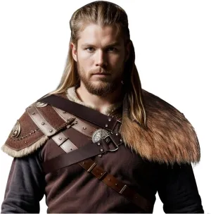 L'VOW Men's Viking Fur Shoulder Armor Medieval One Shoulder Fur Wrap Leather LARP Cosplay Costume Accessory