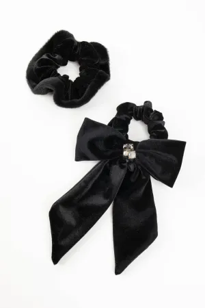 Lydia Velvet Bow Scrunchie Pair: Black