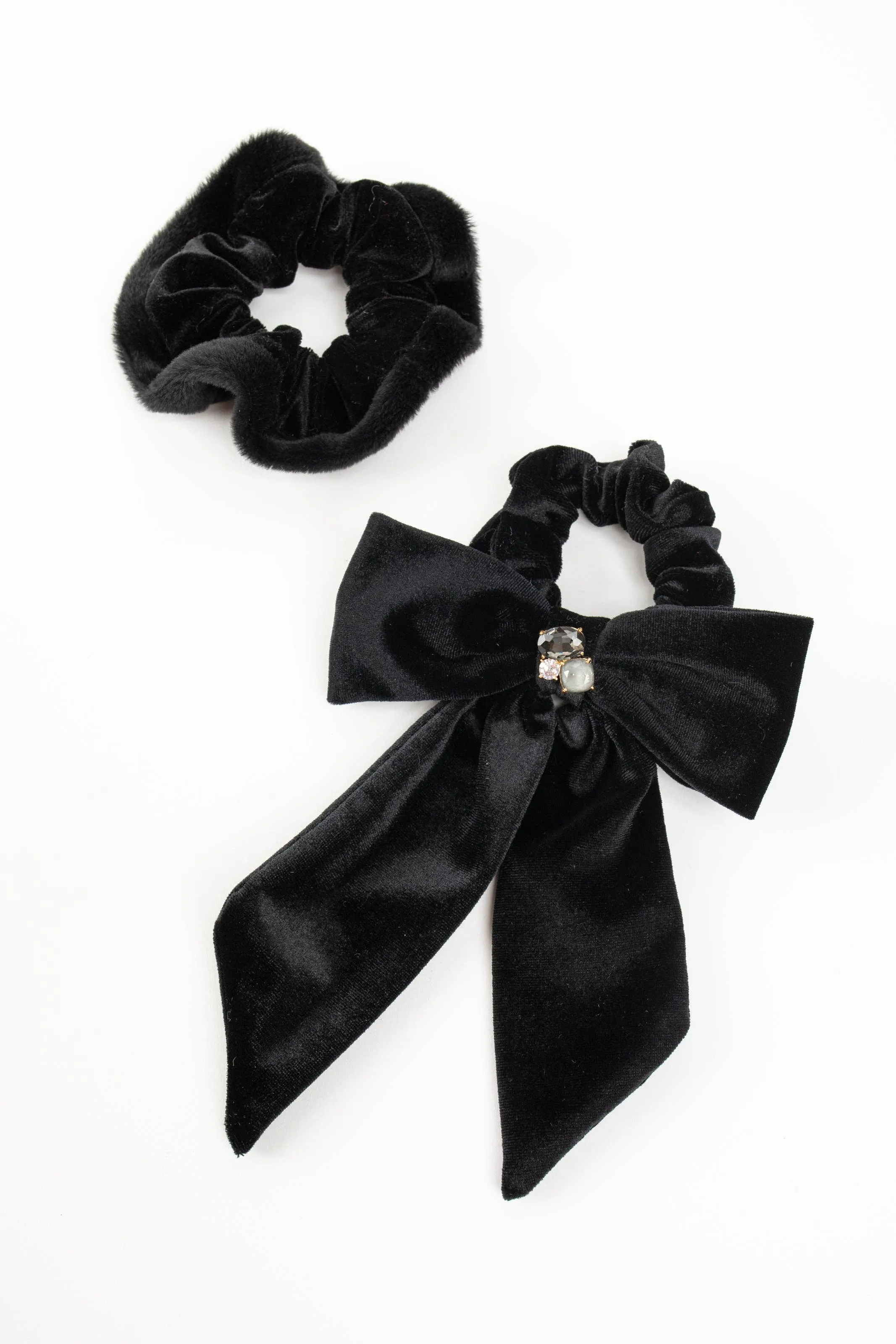 Lydia Velvet Bow Scrunchie Pair: Black