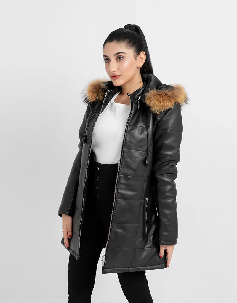 Mabel Fur Trim Quilted Black Leather Coat with Hood