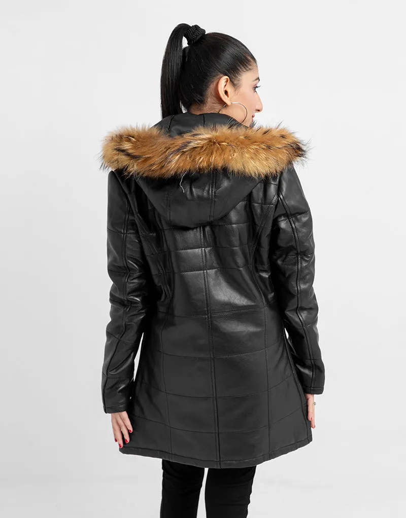 Mabel Fur Trim Quilted Black Leather Coat with Hood