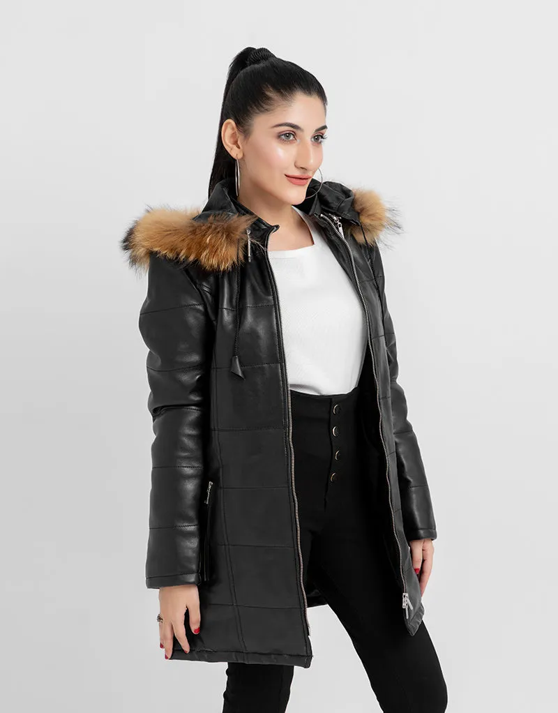 Mabel Fur Trim Quilted Black Leather Coat with Hood