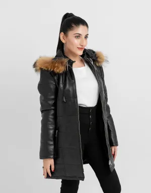 Mabel Fur Trim Quilted Black Leather Coat with Hood