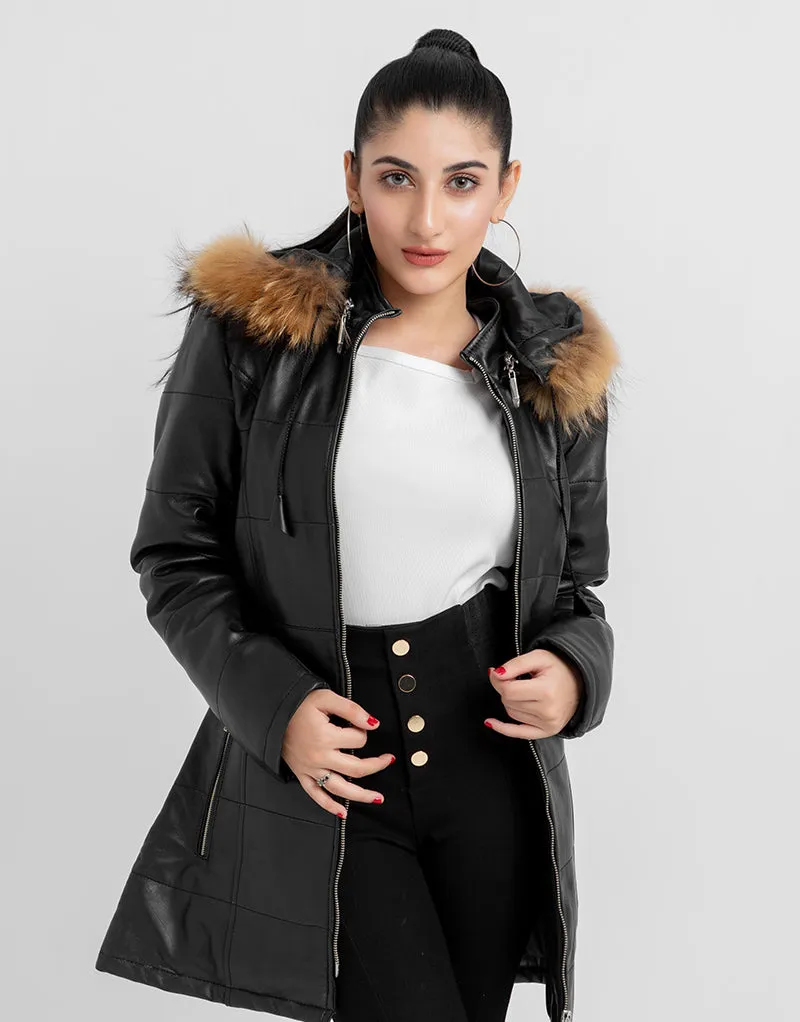 Mabel Fur Trim Quilted Black Leather Coat with Hood
