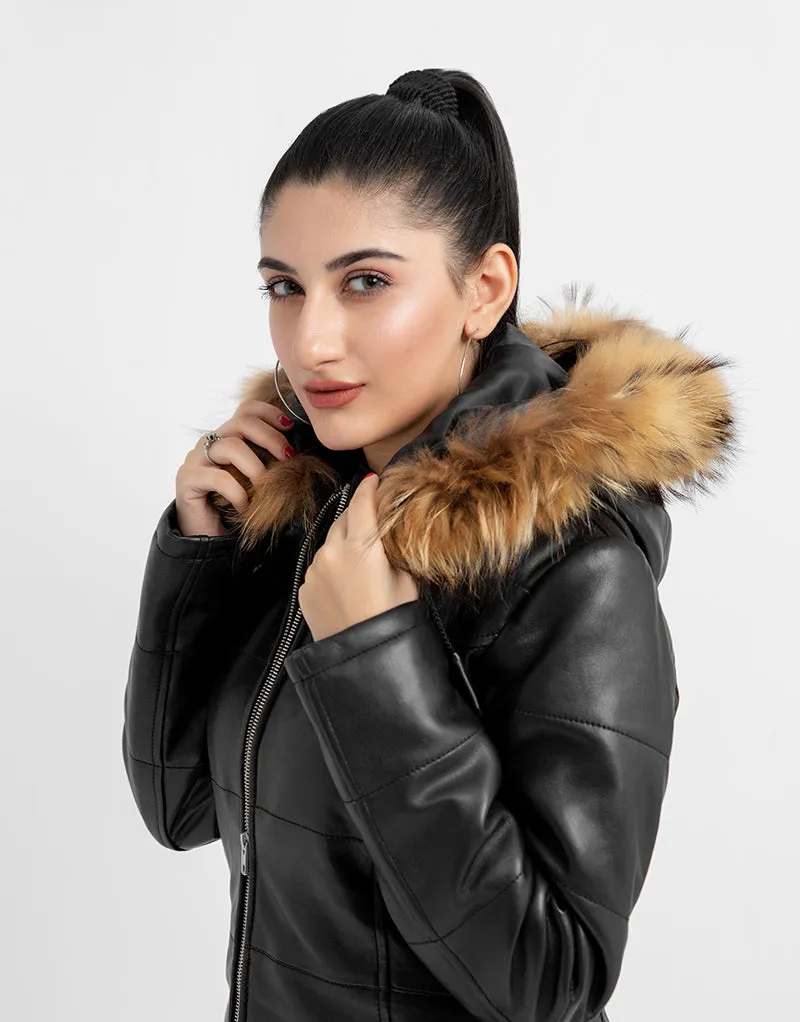 Mabel Fur Trim Quilted Black Leather Coat with Hood