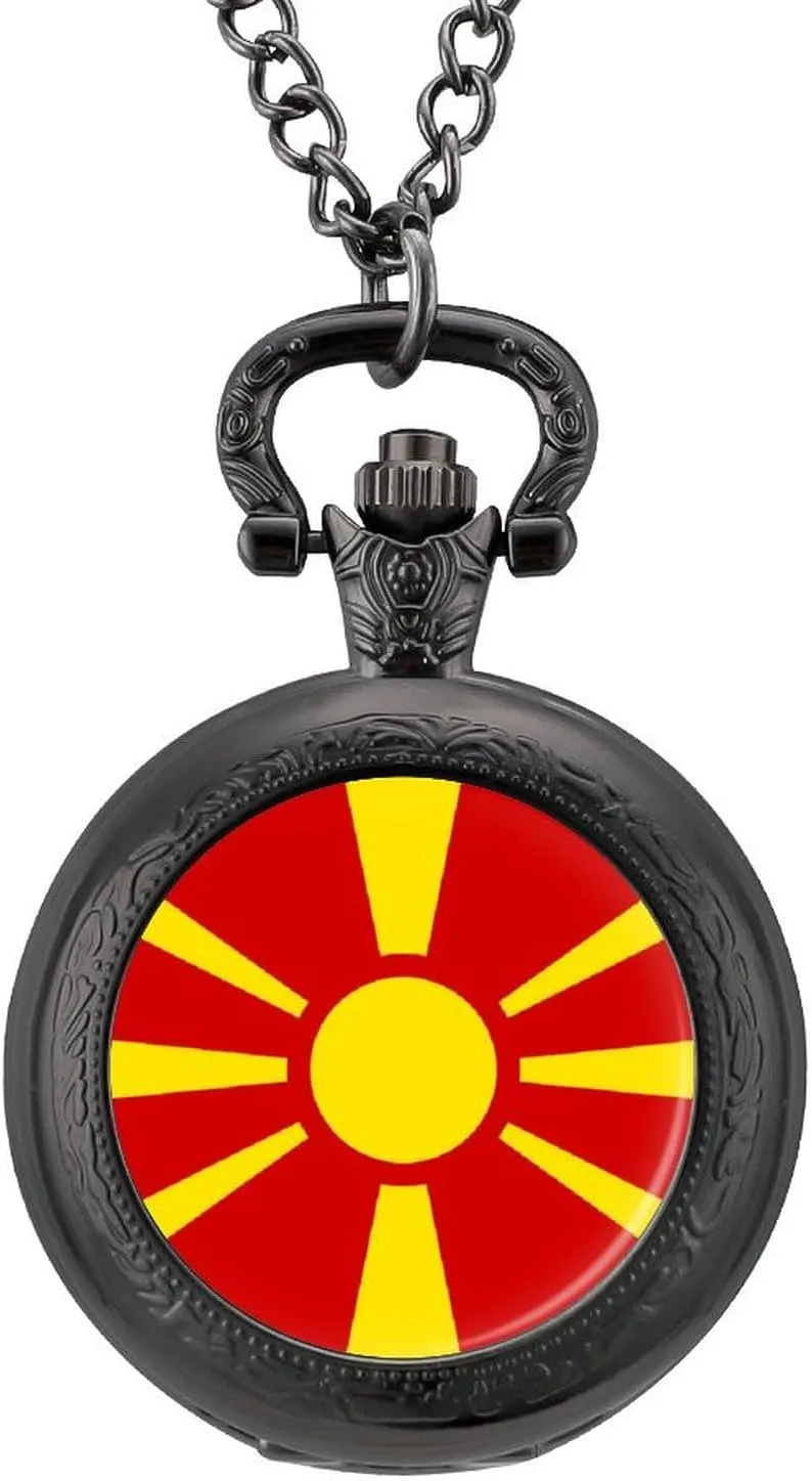 Macedonia Flag Vintage Quartz Pocket Watch with Chain Numerals Scale for Christmas Graduation Birthday Gift