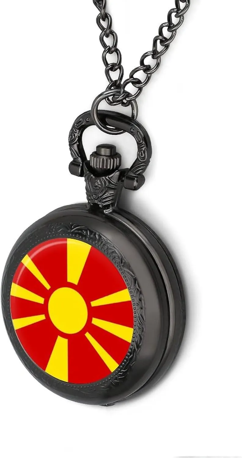 Macedonia Flag Vintage Quartz Pocket Watch with Chain Numerals Scale for Christmas Graduation Birthday Gift