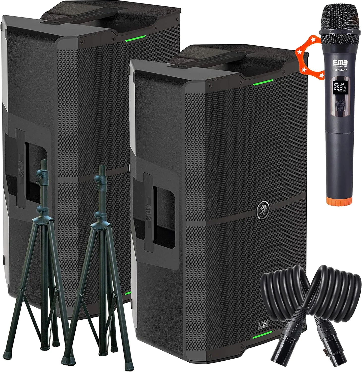 Mackie 2X SRM V-Class Series, 15-Inch 2000W High-Performance Loudspeaker, Powered-Black (SRM210 V-Class) (Pair) with EMB Speaker Stand, EMB Cable and EMB Wireless Microphone Bundle