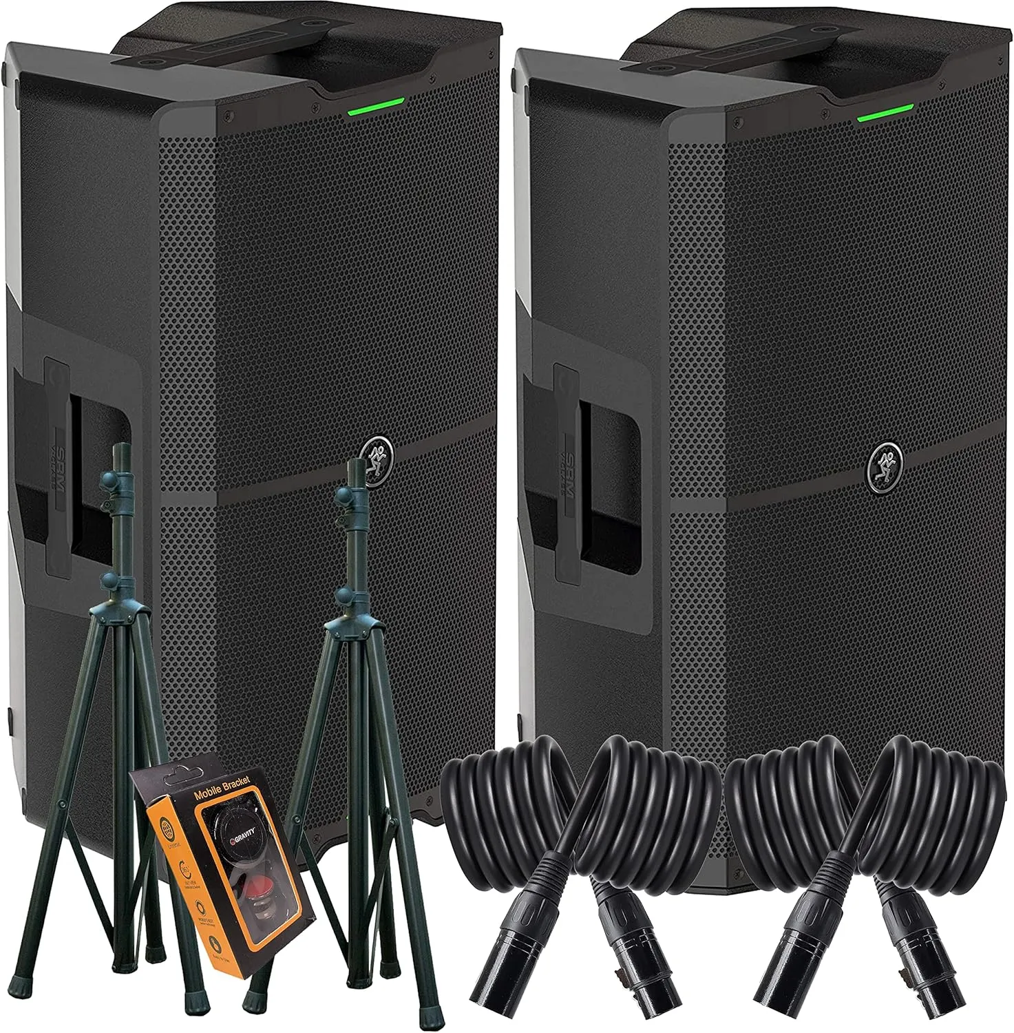 Mackie 2X SRM V-Class Series, 15-Inch 2000W High-Performance Loudspeaker, Powered-Black (SRM210 V-Class) (Pair) with EMB Speaker Stand, EMB Cable and Gravity Magnet Phone Holder Bundle
