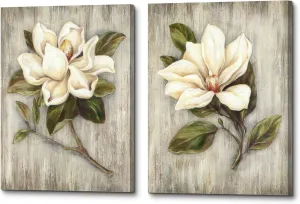 Magnolia Floral Canvas Wall Art: White Flower Artwork on Wood Texture Rustic Nature Blossom Painting Elegant Nature Picture Ready to Hang Prints for Bedroom Kitchen Dining Room
