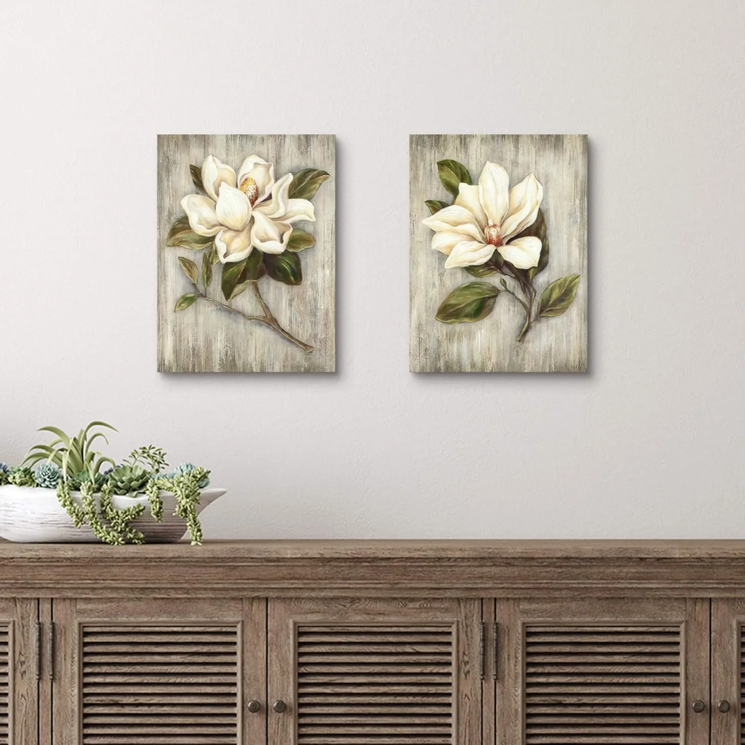 Magnolia Floral Canvas Wall Art: White Flower Artwork on Wood Texture Rustic Nature Blossom Painting Elegant Nature Picture Ready to Hang Prints for Bedroom Kitchen Dining Room