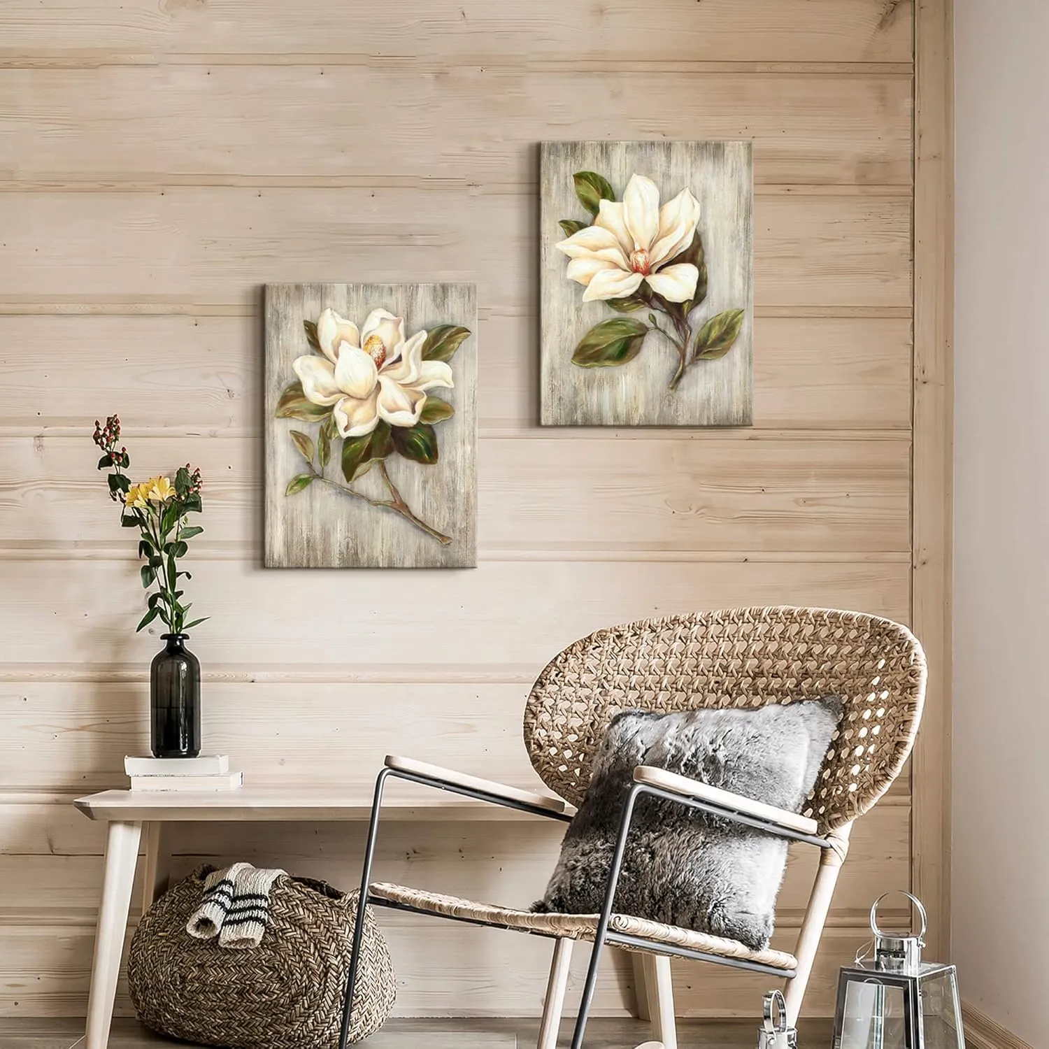 Magnolia Floral Canvas Wall Art: White Flower Artwork on Wood Texture Rustic Nature Blossom Painting Elegant Nature Picture Ready to Hang Prints for Bedroom Kitchen Dining Room