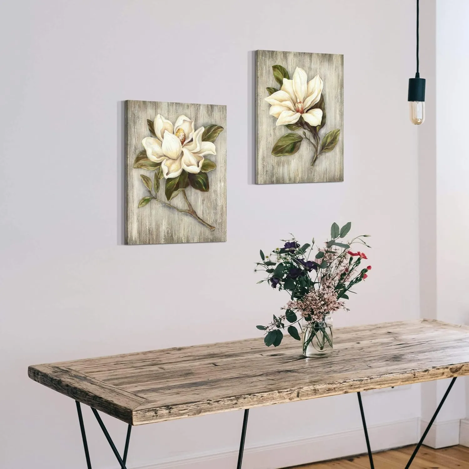 Magnolia Floral Canvas Wall Art: White Flower Artwork on Wood Texture Rustic Nature Blossom Painting Elegant Nature Picture Ready to Hang Prints for Bedroom Kitchen Dining Room