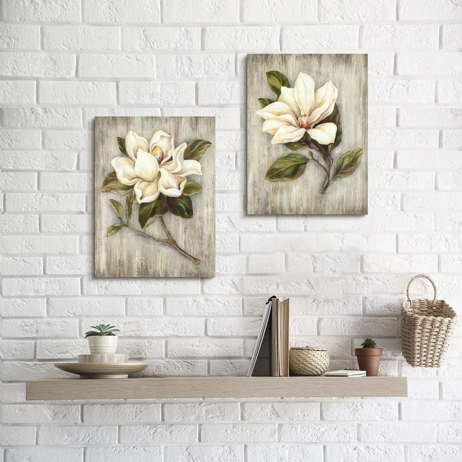 Magnolia Floral Canvas Wall Art: White Flower Artwork on Wood Texture Rustic Nature Blossom Painting Elegant Nature Picture Ready to Hang Prints for Bedroom Kitchen Dining Room
