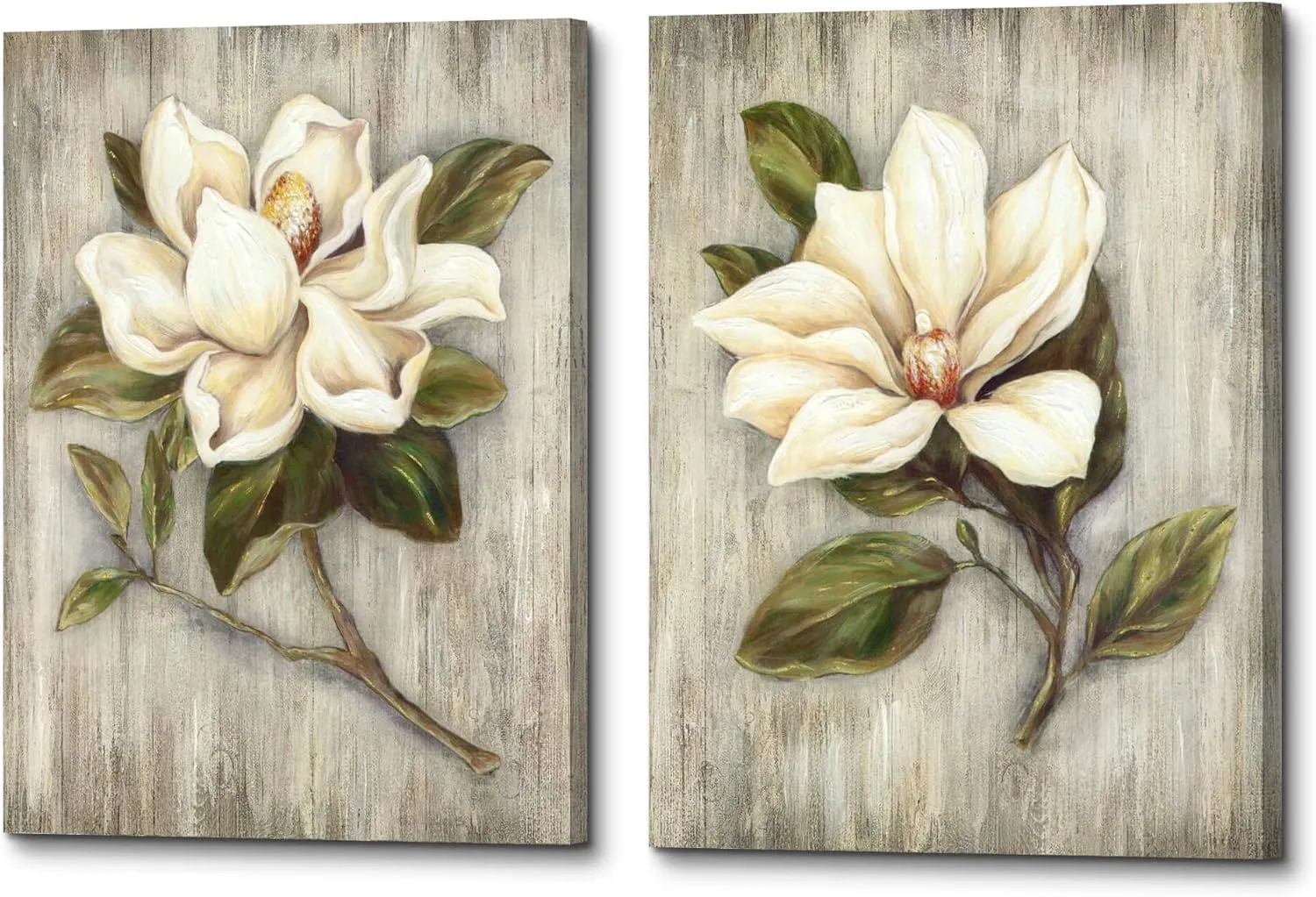 Magnolia Floral Canvas Wall Art: White Flower Artwork on Wood Texture Rustic Nature Blossom Painting Elegant Nature Picture Ready to Hang Prints for Bedroom Kitchen Dining Room